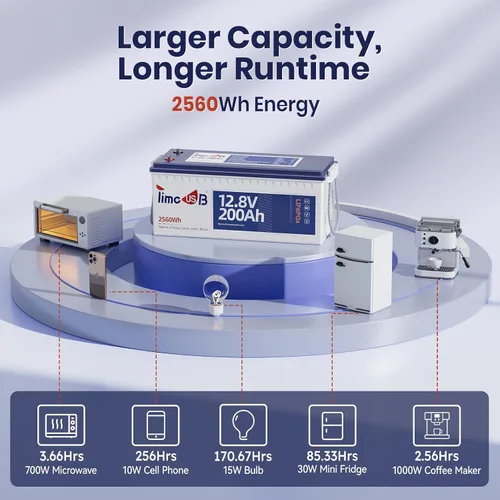 Miniatura 6 de Timeusb Batería de litio LiFePO4 de 12 V/200 Ah, batería recargable de ciclo profundo de 2560 Wh para vehículos marinos/RV con BMS de 100 A
