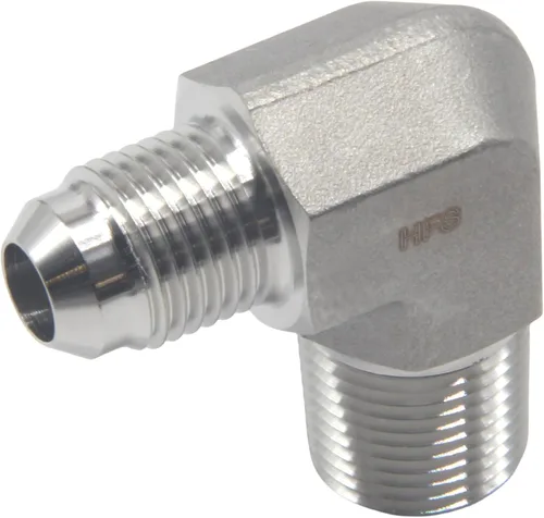 HFS (R) 3/8" macho NPT a 3/8" macho JIC codo 90° Flare tubería de acero inoxidable 304 (3/8" MNPT x 3/8" MJIC)