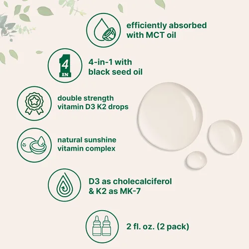Miniatura 5 de Micro Ingredients Paquete de 2 gotas de vitamina D3 10000 iu + K2 (MK-7) de 200 mcg, 4 onzas líquidas Aceite de semilla negra y MCT Apoyo 4 en 1