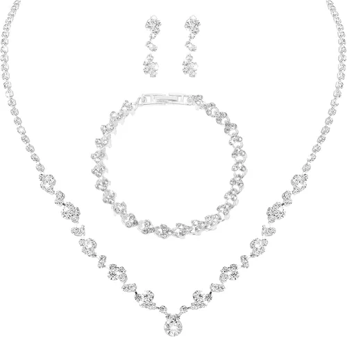 Bridal Wedding Jewelry Set Rhinestone Wedding Jewelry Set Silver Bridal Necklace Earrings Set Brides Bridesmaid Prom Costume Jewelry Set for Women