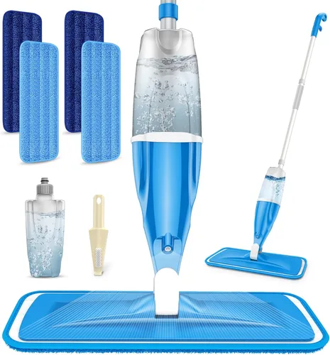 Trapeador con rociador para pisos de madera dura: trapeadores de microfibra para pisos húmedos y secos con 4 almohadillas lavables para Swiffer Azul