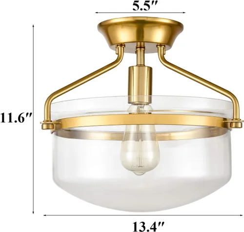 Miniatura 5 de YUBOLE Mid-Century - Lámpara de techo semiempotrada dorada con pantalla de cristal transparente de cúpula de 13.4 pulgadas de ancho para cocina