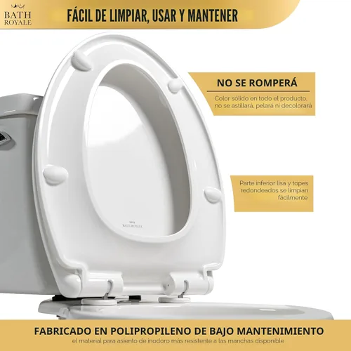Miniatura 5 de Bath Royale Asiento de inodoro redondo de cierre suave con tapa BR500-00 blanco, cómodo, duradero, resistente, resistente a las manchas y fácil