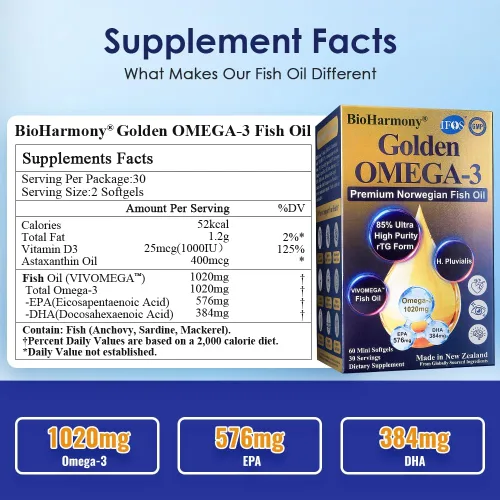 Miniatura 9 de Aceite de pescado Omega-3 1020mg - 85% rTG de alta absorción con EPA DHA - Aceite de pescado noruego, IFOS 5 estrellas, paquete de ampolla