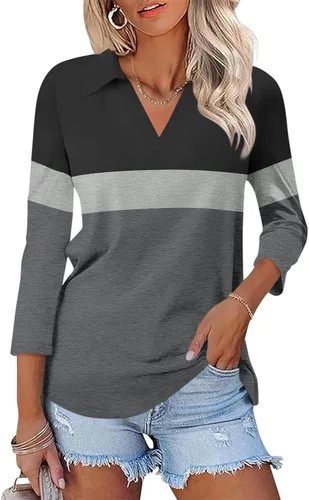 Miniatura 19 de TICTICMISS - Camisas polo de cuello en V para mujer, manga 3/4, con cuello, tops casuales de negocios, tops de verano a la moda, holgados