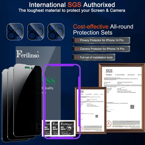 Miniatura 3 de Ferilinso Paquete de 3 protectores de pantalla de privacidad para Apple iPhone 14 Pro, accesorios de vidrio templado, pantalla de privacidad