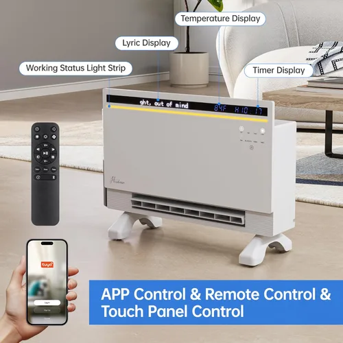Miniatura 7 de Hawkrown - Calentador de panel inteligente de 1800 W con altavoz Bluetooth, reproduce música y visualiza letras y luces RGB, ventilador calefactor 6
