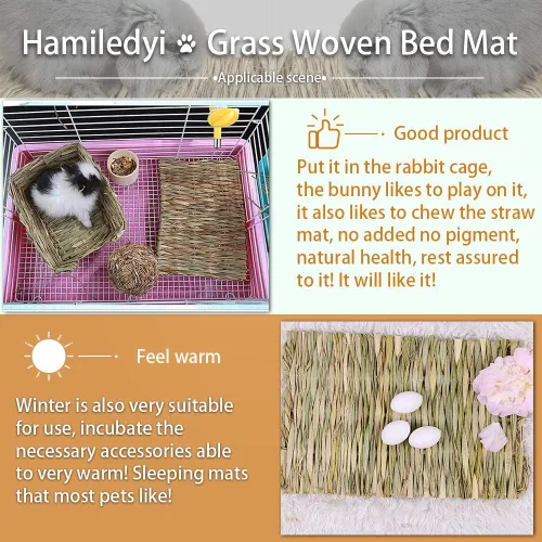 Miniatura 3 de Alfombrilla de césped tejida para animales pequeños, 5 tapetes de hierba, ropa de cama de conejo, nido, juguete para masticar, juguete para jugar