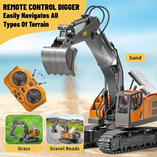 Miniatura 5 de Excavadora de juguete a control remoto, excavadora de construcción RC de 11 canales con pala de metal, luces y sonidos, excavadora todoterreno