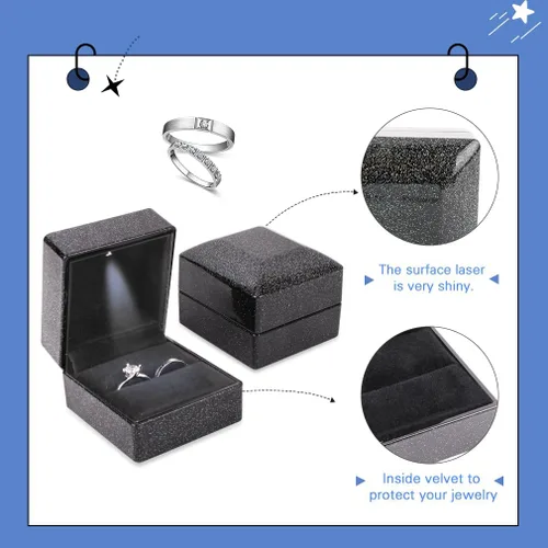 Miniatura 4 de iSuperb Caja de anillo con luces LED, 2 unidades, para propuestas, compromisos, bodas, regalos (paquete de 2 unidades, cielo estrellado, negro)