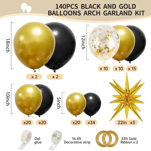 Miniatura 2 de RUBFAC 140 piezas Globos negros y dorados, globos de látex con confeti de estrella en negro y oro metálico de 5, 10, 12, 18 pulgadas para 2026, Año