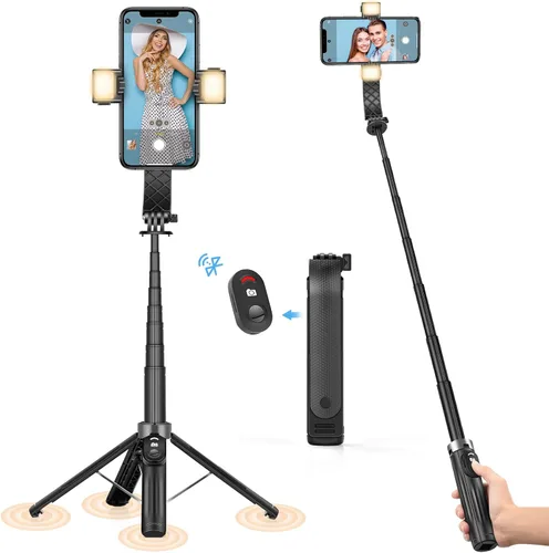 UTEBIT Trípode para selfie stick con luz, soporte de trípode portátil de 40 pulgadas con control remoto inalámbrico, tornillo de 1/4 pulgadas