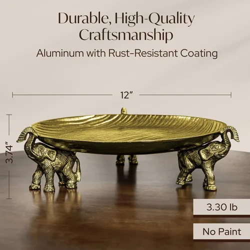 Miniatura 5 de Bandeja decorativa redonda con soportes de elefante, oro antiguo - Bandeja para mesa de café, decoración del hogar, centro de mesa, fuente