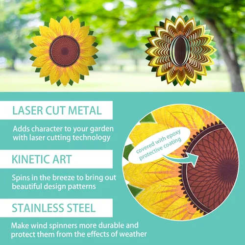 Miniatura 2 de Molinillo de viento para patio, decoración de jardín, esculturas de metal de acero inoxidable 3D, girasol, cinético colgante, decoración de patio