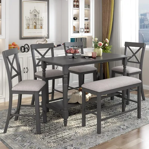 Miniatura 12 de Merax Juego de 6 piezas de comedor de 60 pulgadas para el hogar, cocina, comedor, juego de mesa rectangular con 4 sillas tapizadas y un banco, juego
