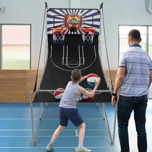 Miniatura 2 de Giantex Juego de arcade de baloncesto plegable, juego de arcade de baloncesto electrónico de doble disparo con 8 modos de juego, 4 bolas, 2 aros