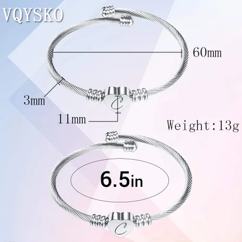 Miniatura 5 de VQYSKO Silver Heart Initials Bracelet-A-Z Stainless Steel Engraved Charm Bracelet, Woman Jewelry Birthday Festival Gift