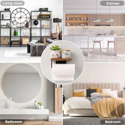 Miniatura 8 de Yangbaga Soporte de papel higiénico con estante: almacenamiento de rollo de papel higiénico de baño con adhesivo y tornillo, accesorios de baño