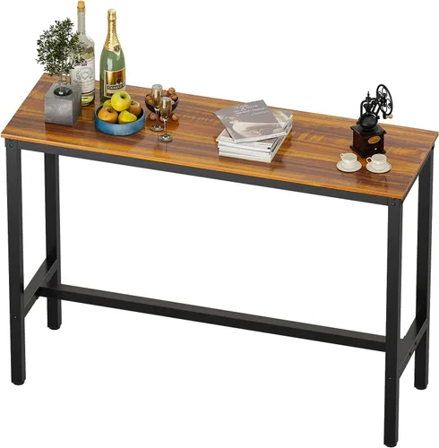 Teraves Mesa de bar rectangular moderna, 39.37 x 17.71 x 39.37 pulgadas, parte superior de teca, base de metal negro, 4 plazas, uso en comedor y bar