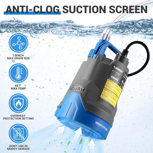 Miniatura 3 de Bomba de agua sumergible, 1/3 HP 2450GPH Bomba de agua termoplástica eléctrica portátil de transferencia para piscina, sótano, inundación, jardín