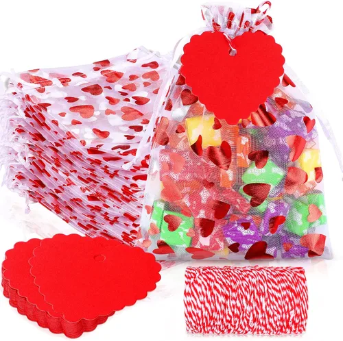 Shappy 100 bolsas de regalo de corazón para el día de San Valentín y 100 etiquetas de papel kraft rojas para dulces de San Valentín, bolsas con