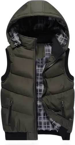 Miniatura 17 de WENKOMG1 Chaleco con capucha con doble cremallera para hombre, abrigo de color sólido, abrigo cálido y grueso, sin mangas, chaqueta suelta