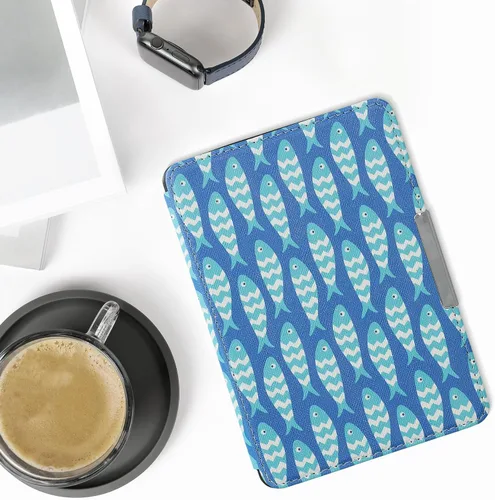 Miniatura 2 de kwmobile Funda compatible con Amazon Kindle PaperWhite - Funda para lector electrónico - Azul pez pequeño/azul claro/blanco