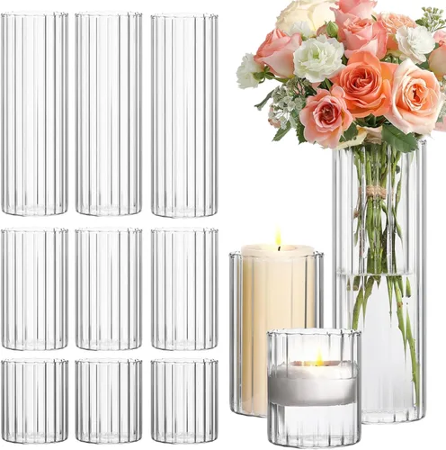 ComSaf Jarrones de vidrio cilíndricos, paquete de 12, jarrones claros acanalados para centros de mesa y decoración de boda, jarrones de flores