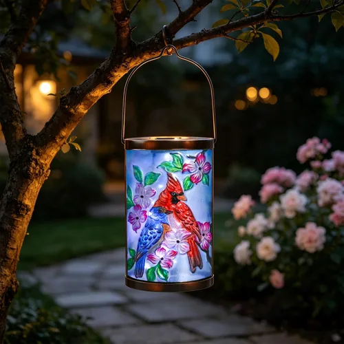 Miniatura 17 de Farol solar para exteriores, impermeable, colgante, luces solares de cristal de pájaro azul, faroles decorativos para exteriores, patio, césped