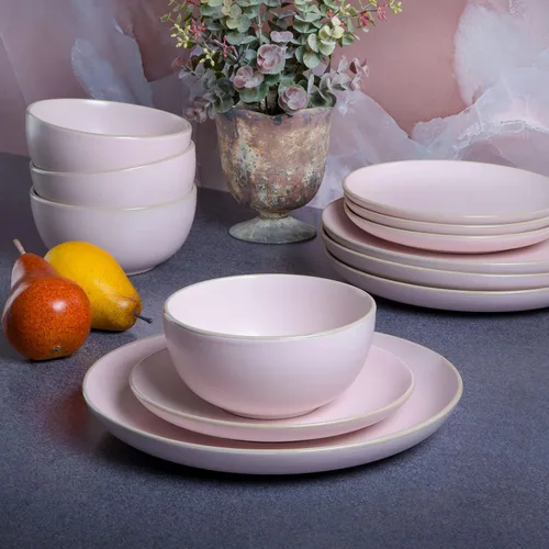 Miniatura 5 de Gibson Home Rockaway - Juego de vajilla redonda de cerámica de gres de 12 piezas, para 4 personas – Platos y tazones rosados, acabado mate moderno