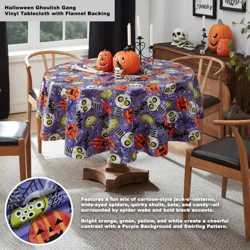 Miniatura 2 de Newbridge Ghoulish Gang - Mantel de vinilo con parte trasera de franela de Halloween, diseño de calaveras y murciélagos espeluznantes con reverso