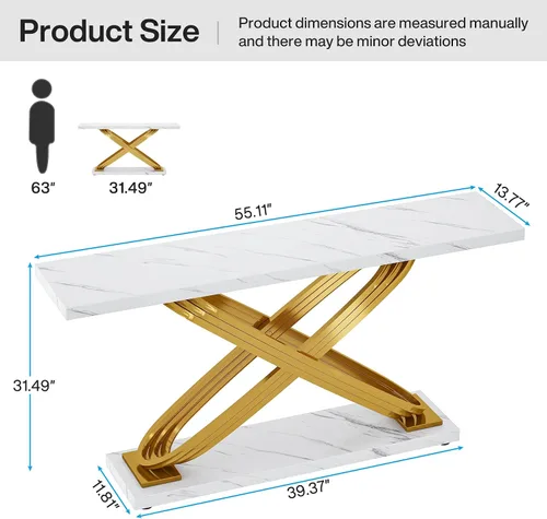 Miniatura 2 de Tribesigns Mesa consola dorada de 55 pulgadas, moderna mesa de entrada de mármol sintético con base geométrica de metal, mesa de sofá larga