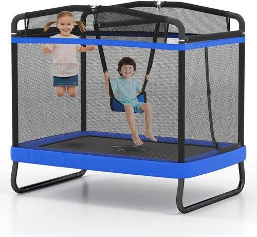 Miniatura 10 de Giantex Trampolín de 6 pies para niños con columpio, trampolines para niños pequeños con red de seguridad, aprobado por ASTM, mini trampolín Rosa