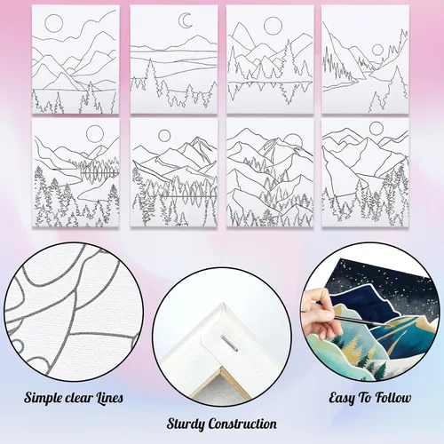 Miniatura 4 de Paquete de 8 lienzos predibujados para pintar para adultos y niños, kit de suministros para fiesta de pintar y sorber, juego de pintura