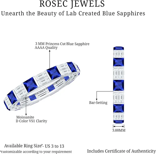 Miniatura 6 de Certified Lab Grown Blue Sapphire Eternity Band, AAAA Quality, Sapphire Moissanite Anniversary Ring - Ready To Gift