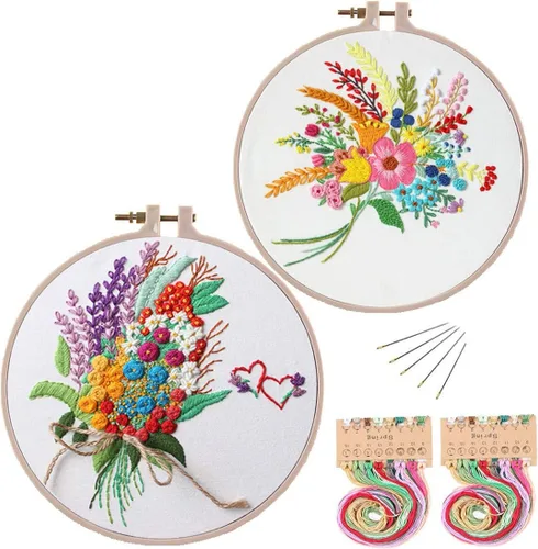Konrisa Kit de Bordado Estampado con Patrón Floral DIY Kits de Punto de Cruz para Adultos Flores Plantas Kit de Iniciación de Bordado con Hilo de