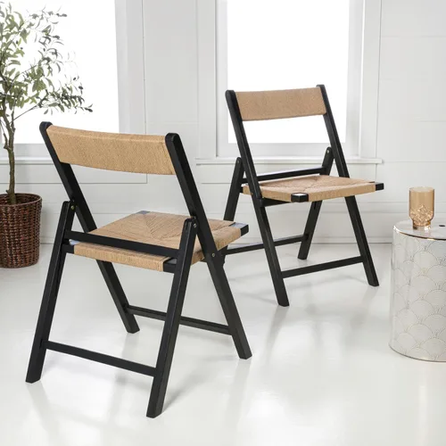 Miniatura 2 de JONATHAN Y Kiawah FLD1002C-SET2 - Juego de 2 sillas plegables de madera de teca negra tejida para comedor, asiento portátil sin brazos costero que