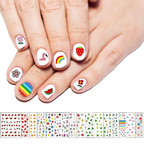 16 hojas de calcomanías de uñas para niños, lindas calcomanías autoadhesivas para niñas y mujeres, diseños 3D, accesorios de manicura para