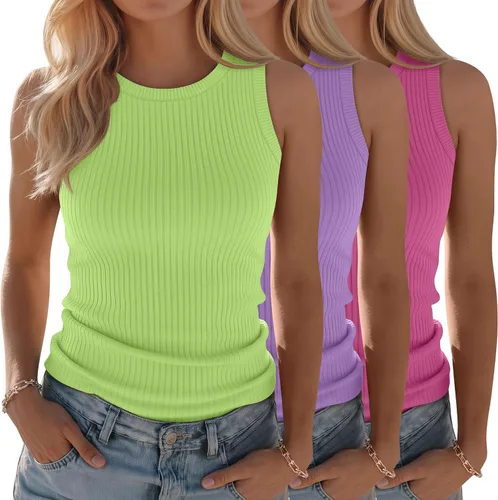 Miniatura 10 de Paquete de 3 camisetas sin mangas de algodón para mujer, de punto acanalado, casuales, básicas, de cuello redondo, ajustadas, de verano, con espalda