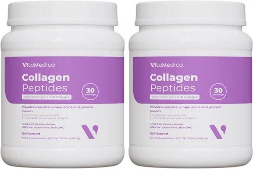 VitaMedica Polvo de péptidos de colágeno para mujeres y hombres, cabello saludable, piel, uñas, huesos y articulaciones, tipos hidrolizados I y III,