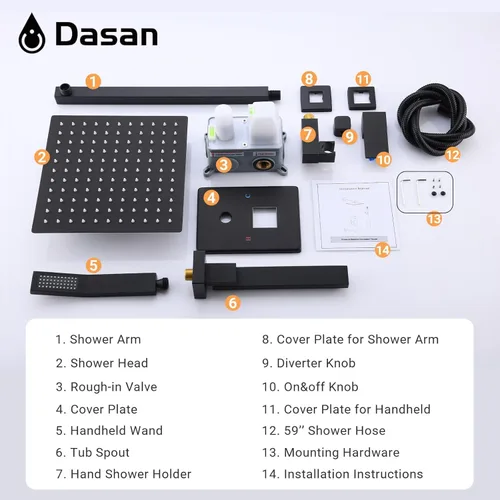 Miniatura 7 de DASAN Juego completo de grifos de ducha de bañera, sistema completo de ducha de bañera negro mate con boquilla de bañera, juego de grifo de bañera