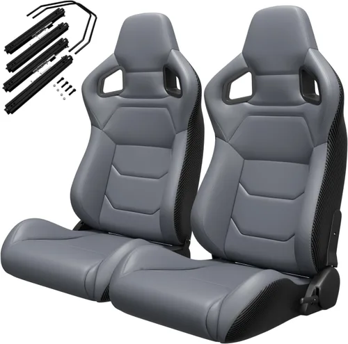 Miniatura 21 de 2 piezas de asientos universales de carreras con deslizadores de doble bloqueo, 1 par de asientos de cubo de cuero PVC con dos almohadas de Negro