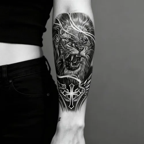 Miniatura 10 de 2 hojas de tatuajes temporales de león, cruz de Jesús, para hombres y mujeres, religiosas, calcomanías falsas de tatuaje, realista, blanco y negro