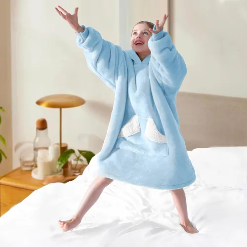 Miniatura 4 de Touchat Manta con capucha, sudadera de sherpa de gran tamaño con bolsillo y mangas para capucha, manta de felpa súper suave y cálida para niños, Azul