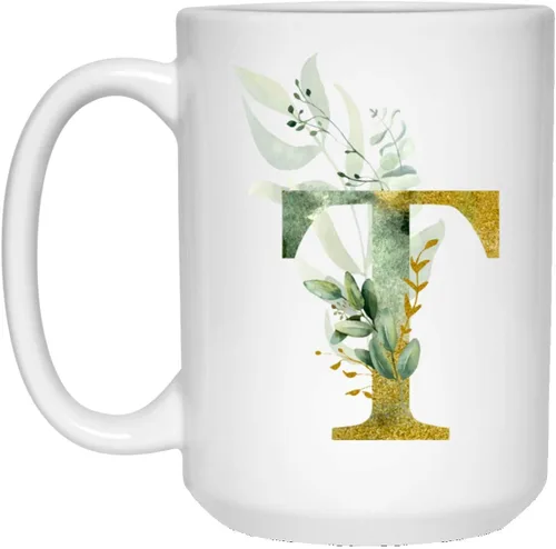 Miniatura 3 de Alpha/T - Taza de café con letra T y letras del alfabeto, monograma T, color dorado, brillante, cualquier letra, diseño floral, taza de té, café