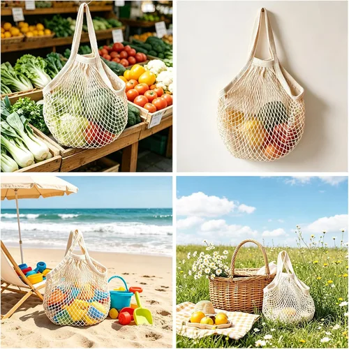 Miniatura 6 de Ahyuan Bolsas de comestibles cordón de algodón reutilizable, bolsas de malla 1 paquete, Crema