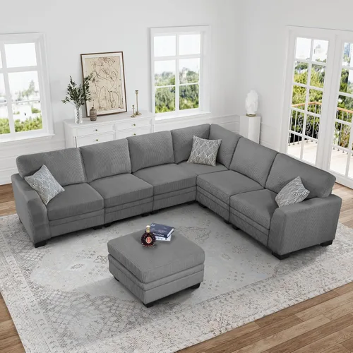 Legend Vansen Sofá modular de gran tamaño, sofá en forma de U de 7 asientos con otomana, sofá de pana con asiento profundo, sofás seccionales Gris