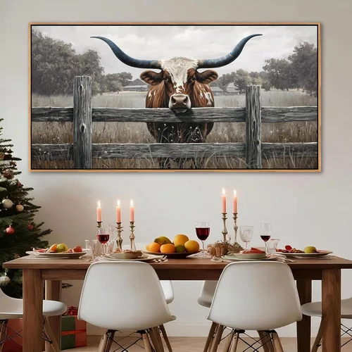 Miniatura 13 de AJAZIKO Arte de Pared de Vaca de las Tierras Altas - Decoración de Pared de Granja y Campo Rústico, Cuadros Grandes en Lienzo para Sala de Estar
