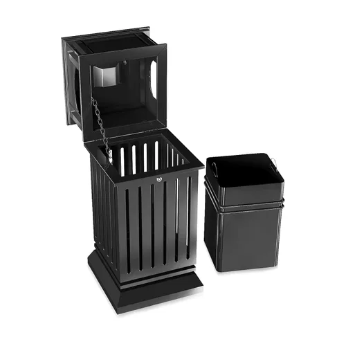Miniatura 9 de BEAMNOVA Cubo de basura negro para exteriores, bandeja superior de acero inoxidable con tapa de bloqueo, contenedor de basura industrial resistente