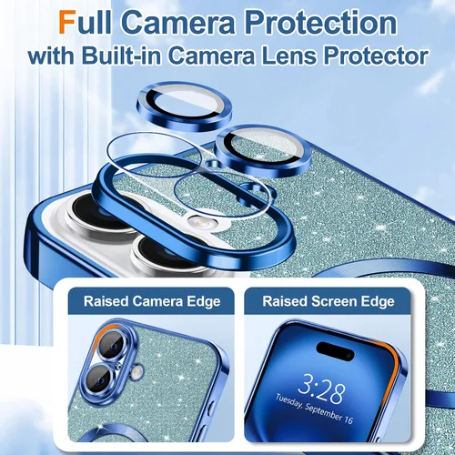 Miniatura 3 de Hython para iPhone 16 Funda con chispas brillantes, fundas transparentes magnéticas con protector de lente de cámara [Compatible con MagSafe]
